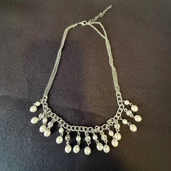 Pearl Drop Necklace Silver Tone Chain Delicate Rhinestone Women's Jewelry - Picture 2 of 3